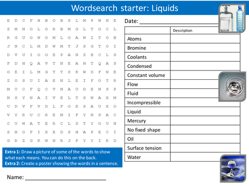 Science Chemistry Liquids Wordsearch Crossword Anagrams Keyword Starters Homework Cover