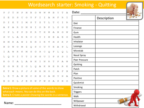 Smoking Quitting Quit PHSE Keyword Starters Wordsearch Crossword Homework Cover Lesson PHSEE