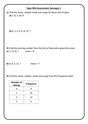 End of Topic Mini Test/Marking Grid - Averages - Test 1 + Answers