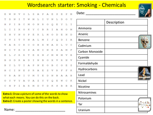 Smoking Chemicals Quit PHSE Keyword Starters Wordsearch Crossword Homework Cover Lesson PHSEE