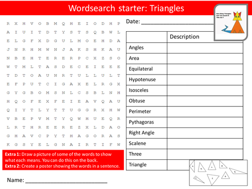 Maths Triangles KS3 Wordsearch Crossword Anagram Alphabet Keyword Starter Cover Homework