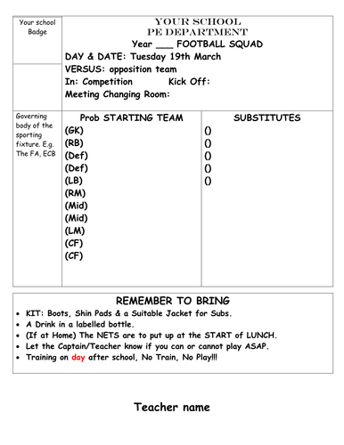 Template - Team sheet