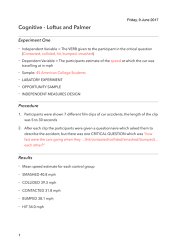 OCR PSYCHOLOGY A LEVEL CORE STUDIES - COGNITIVE AREA