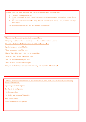 Determiners worksheet (Year 5)