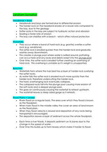 GCSE Physical Geography -LANDFORM FORMATION AND TECTONICS detailed revision NOTES