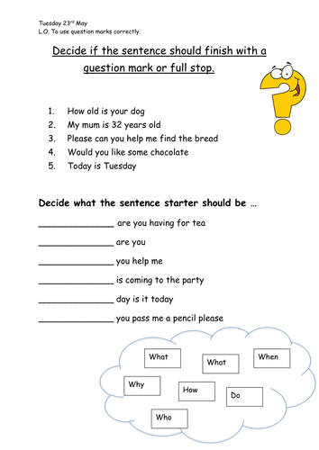 year 1 question marks worksheet lamaha teaching