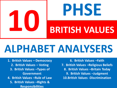 10 Alphabet Analysers PHSE British Values PHSEE Keyword Starters Wordsearch Homework or Cover Lesson