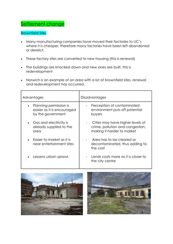 GCSE Human Geography - SETTLEMENT AND ECONOMIC CHANGE detailed revision NOTES