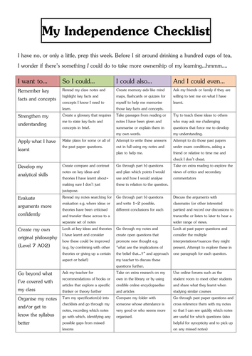 Independence checklist for students