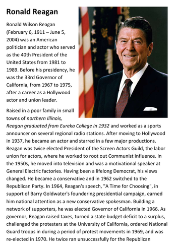 Ronald Reagan Handout | Teaching Resources
