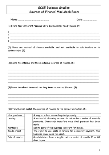 sources of finance mini test