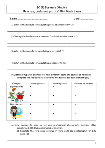 Revenue, costs and profits mini test