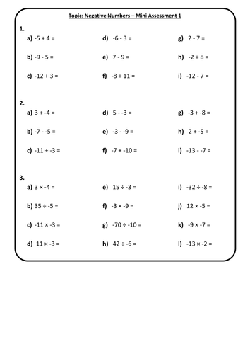 End of Topic Mini Test/Marking Grid - Negative Numbers - Foundation Test 1 + Answers