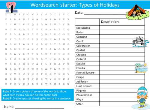 Spanish Types of Holidays Keyword Wordsearch Crossword Anagrams Keyword Starters Homework Cover
