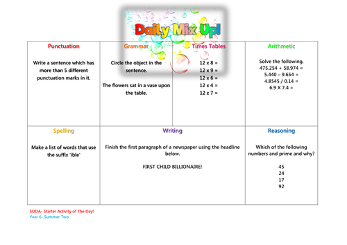 SODA YEAR 6 starter activity for every day in summer