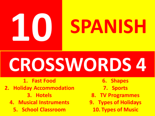 10 Spanish Crosswords 4 GCSE or KS3 Keyword Starters Wordsearch Homework or Cover Lesson
