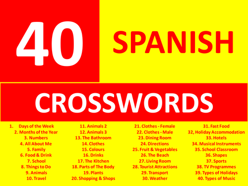 40 Spanish Crosswords GCSE or KS3 Keyword Starters Crossword Homework or Cover Lesson