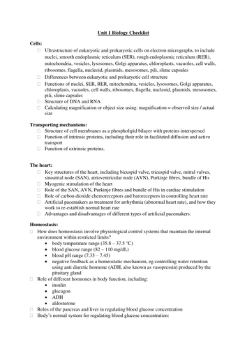 AQA Level 3 Applied Science Biology Unit 1 - Revision checklist