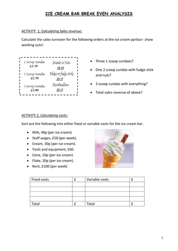 Break even ice cream case study worksheet