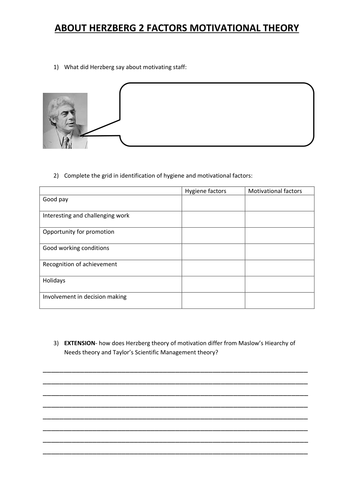 Herzberg S 2 Factor Motivation Theory Worksheet