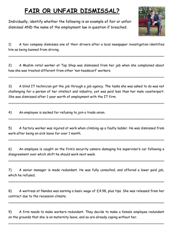 Employment law- fair vs unfair dismissal worksheet