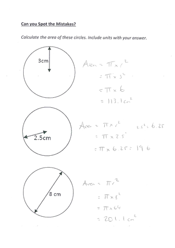 Spot the Mistakes Area of a Circle