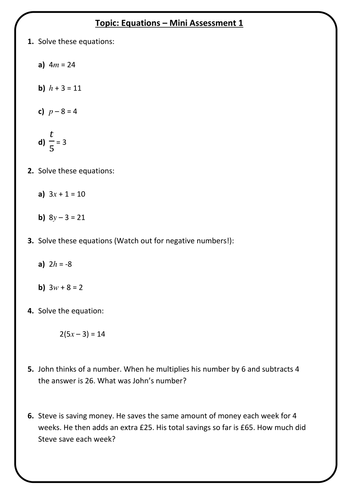 End of Topic Mini Test/Marking Grid - Solving Equations - Foundation Test 1 + Answers