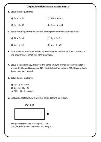 End of Topic Mini Test/Marking Grid - Solving Equations - Higher + Answers