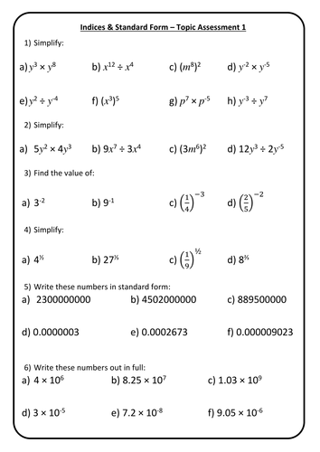 End of Topic Mini Test/Marking Grid - Indices & Standard Form - Higher Test 1 + Answers