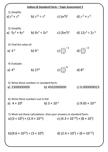 End of Topic Mini Test/Marking Grid - Indices & Standard Form - Higher Test 1 + Answers