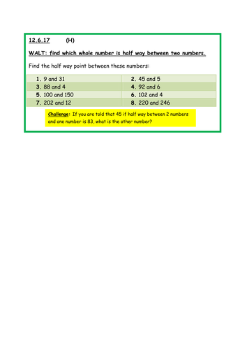 Find half way between two numbers - Year 3 /4 KS2 Maths - Differentiated