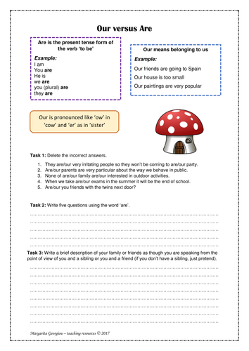 our versus are - homophone worksheet