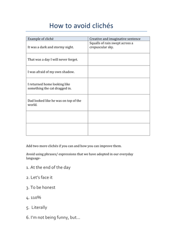 How to avoid clichés:  Worksheet for English Language writing creatively