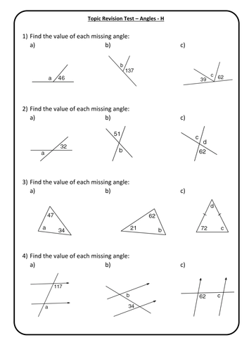 Angles - End of Topic Mini Test/Marking Grid - Higher Test 1 + Answers