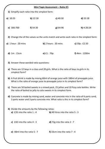 Ratio - End of Topic Mini Test/Marking Grid - Higher + Answers ...