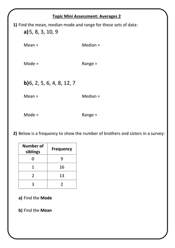 Averages - End of Topic Mini Test/Marking Grid - Test 2 + Answers