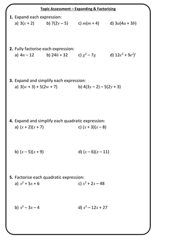 Expanding & Factorising - End of Topic Mini Test/Marking Grid - Higher Test 1 + Answers