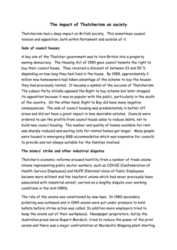 A level AQA modern Britain, 1951- 2007, Impact of Thatcherism