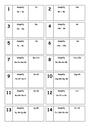 Simplifying Algebraic Expressions V2 – Quiz Quiz Trade – Kagan – Printable Cards