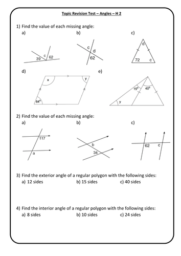 Angles - End of Topic Mini Test/Marking Grid - HIgher Test 2 + Answers