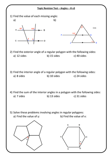 Angles - End of Topic Mini Test/Marking Grid - Higher Test 3 + Answers