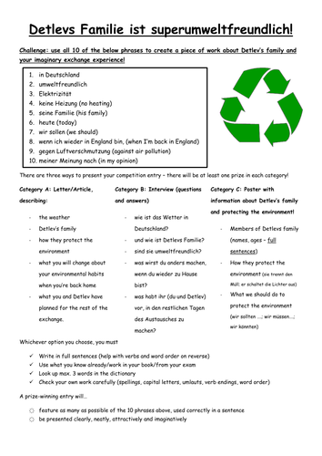 KS3/4 German: Writing about an Exchange and the Environment (includes verb guide!)