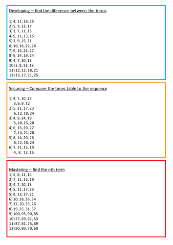 nth term worksheet with answers