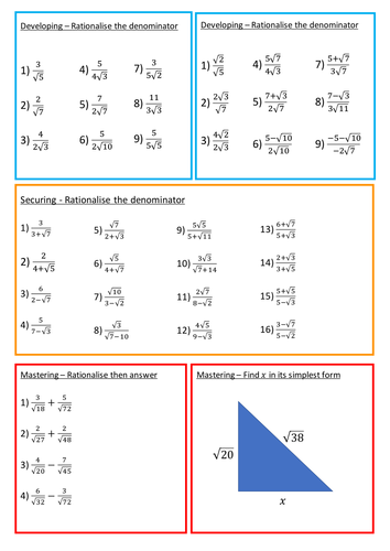 Rationalising the Denominator Worksheet