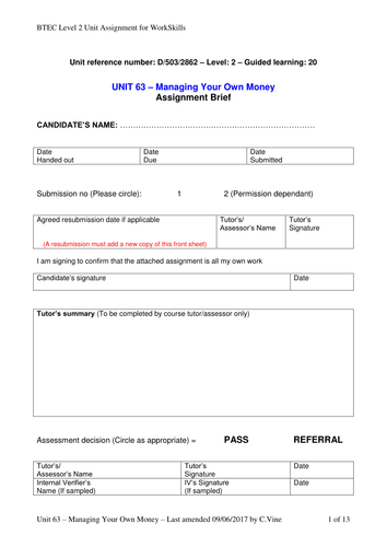 BTEC - Unit 63 (L2) Managing Your Own Money - WorkSkills Assignment