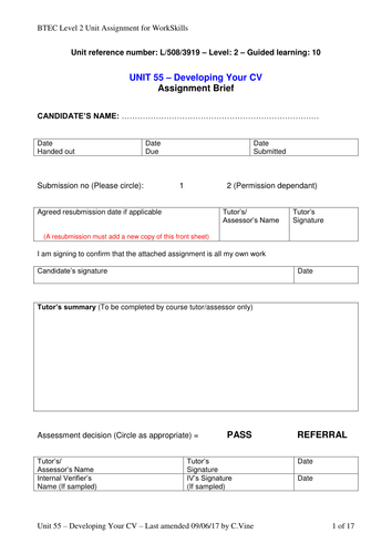 BTEC - Unit 55 (L2) Developing Your CV - Assignment Brief - WorkSkills