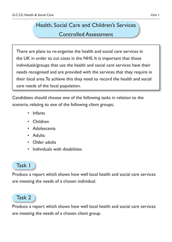 Support materials for the WJEC GCSE Health and Social Care Unit 1 Controlled Assessment
