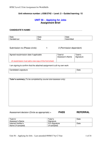 BTEC - Unit 56 (L2) Applying for Jobs - Workskills Assignment