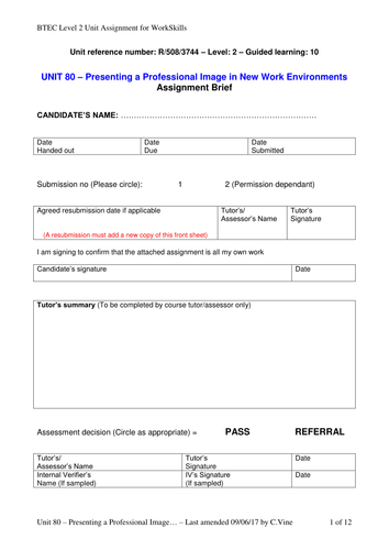 BTEC - Unit 21 (L2) Presenting a Professional Image - WorkSkills Assignment