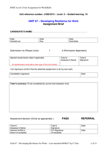 BTEC- Unit 67 (L2) Developing Resilience for Work - WorkSkills Assignment